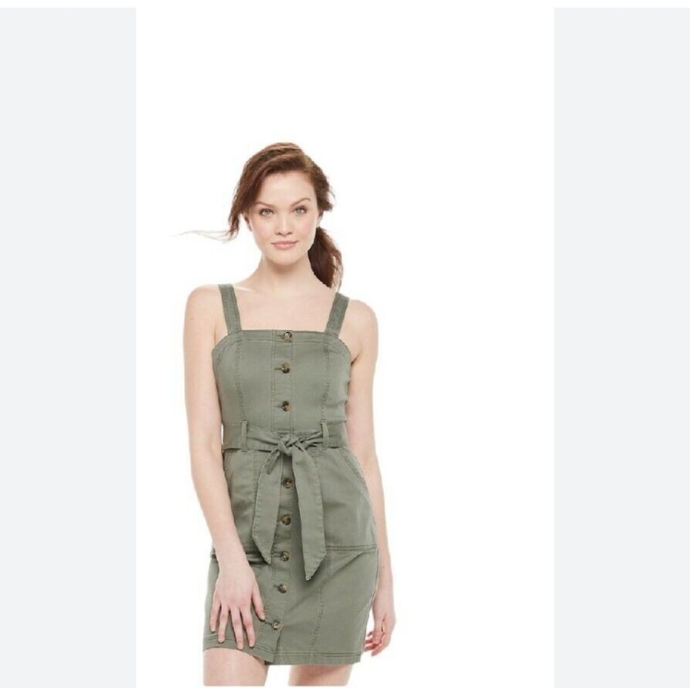 SO Mini Overall Denim Skirt Sz M Green Button Front pockets Strap